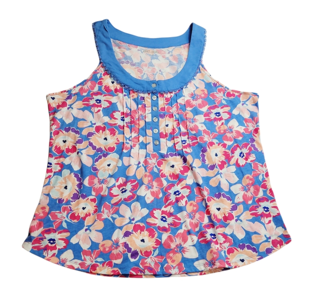 Pink K Women's Blue Multicolor Floral Tank Top Size XL